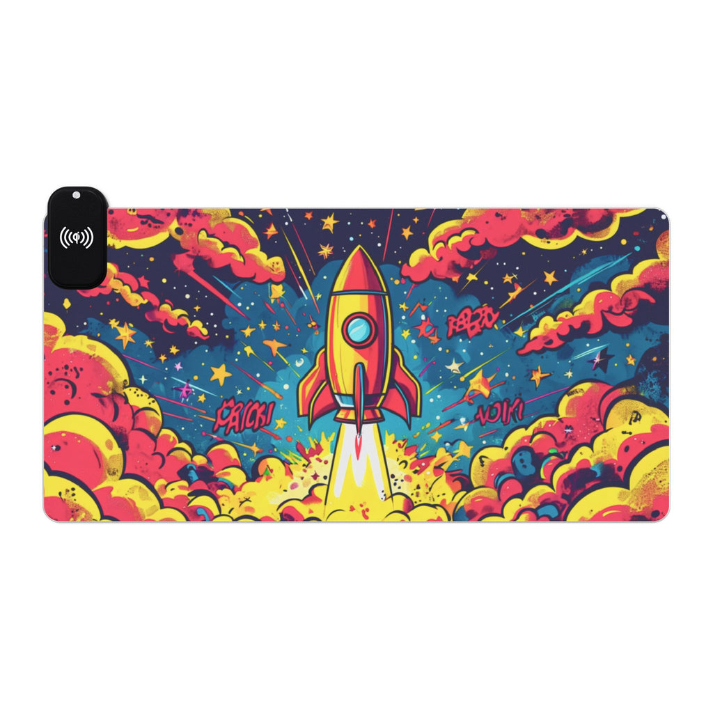 LED Gaming Mouse Pad with Wireless Charging - Rocket Launch Design