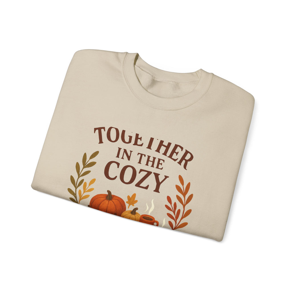 Cozy Fall Sweatshirt — "Together in the Cozy" Pumpkin & Mug Crewneck