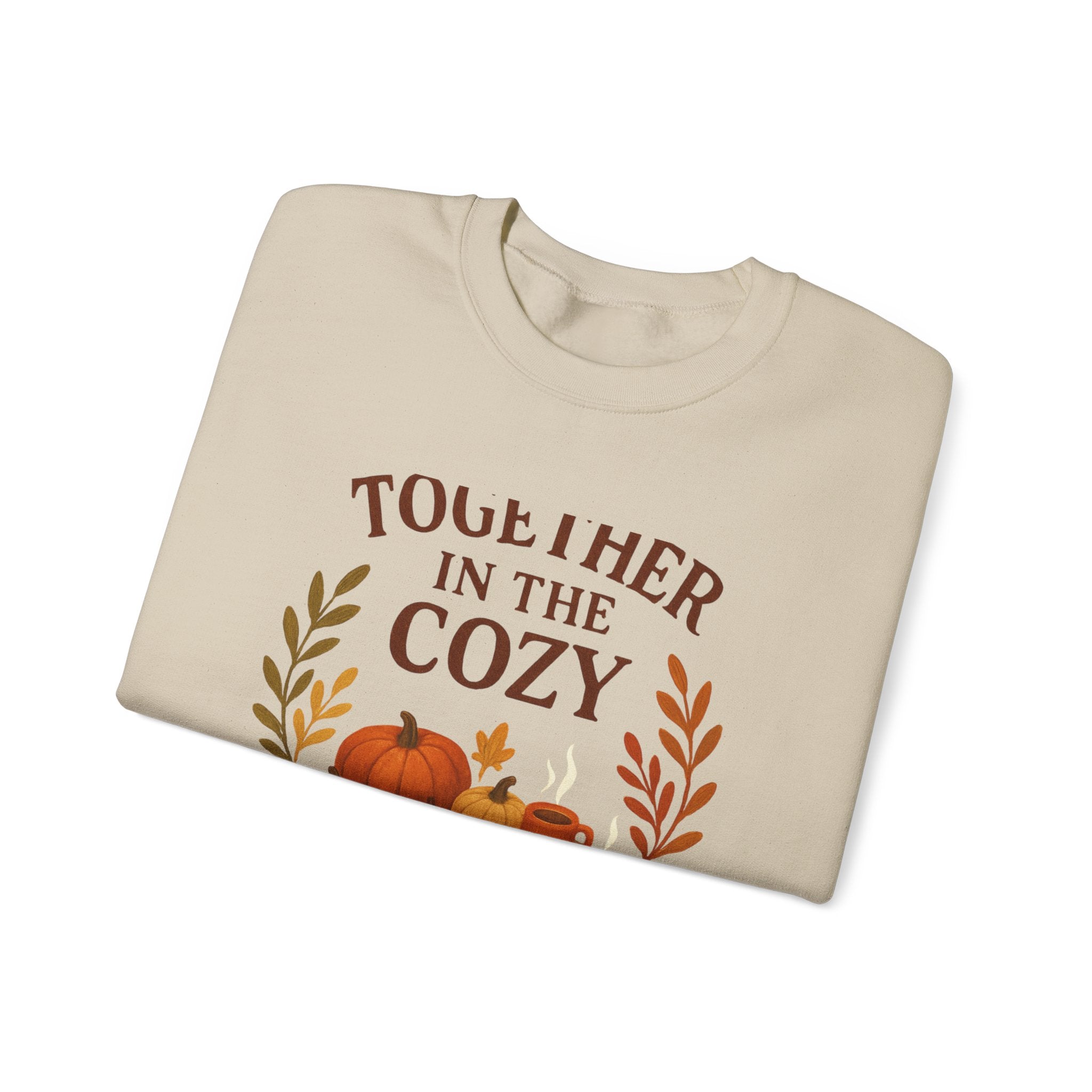 Cozy Fall Sweatshirt — "Together in the Cozy" Pumpkin & Mug Crewneck