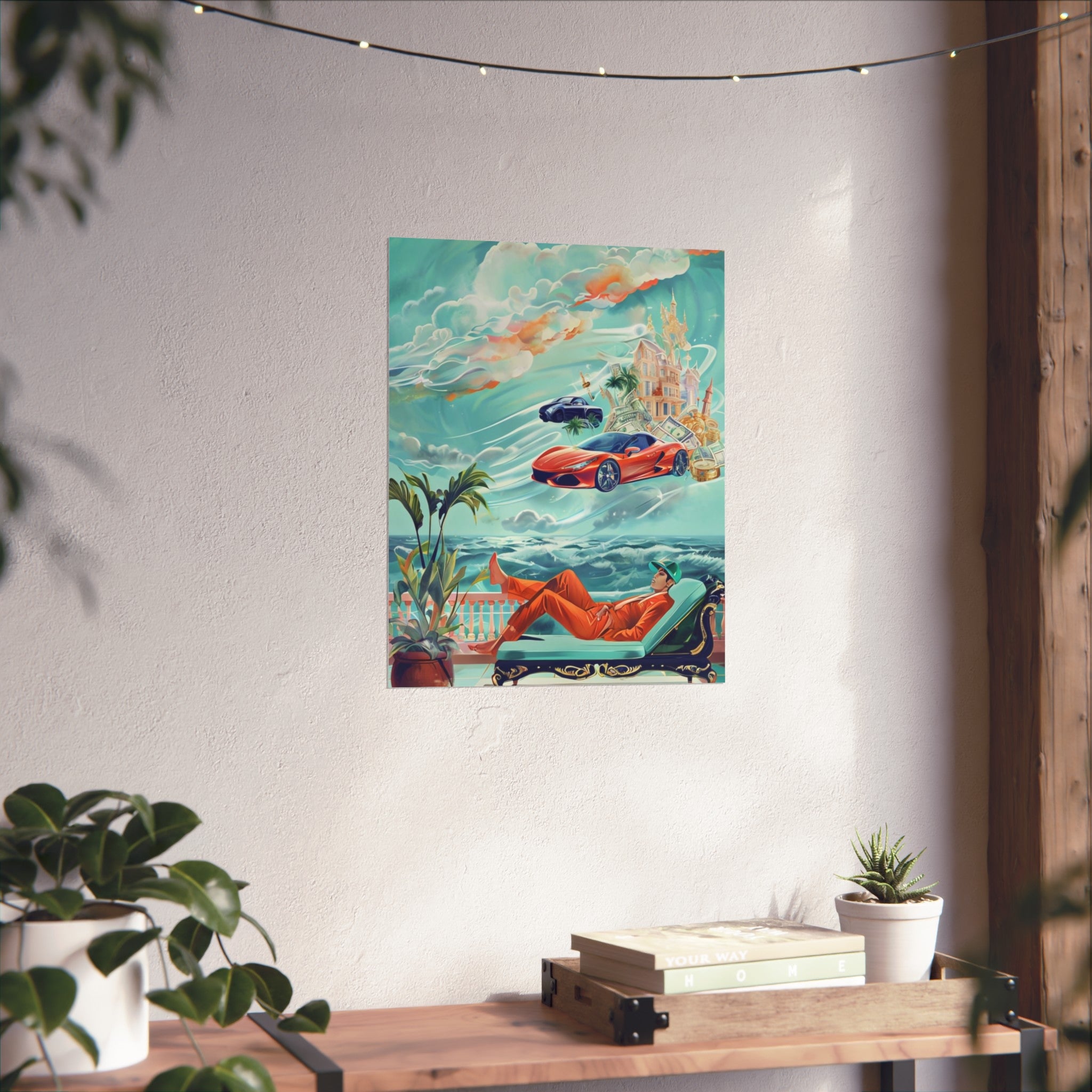 Surreal Coastline Art Poster — Dreamy Sports Car & Lounging Figure Print