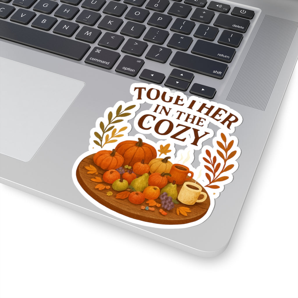 Together in the Cozy Fall Sticker — Autumn Pumpkin & Hot Drink Kiss-Cut Sticker