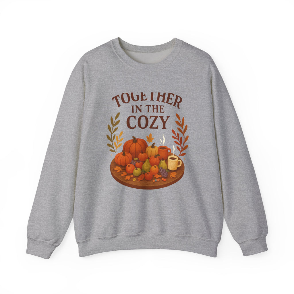 Cozy Fall Sweatshirt — "Together in the Cozy" Pumpkin & Mug Crewneck