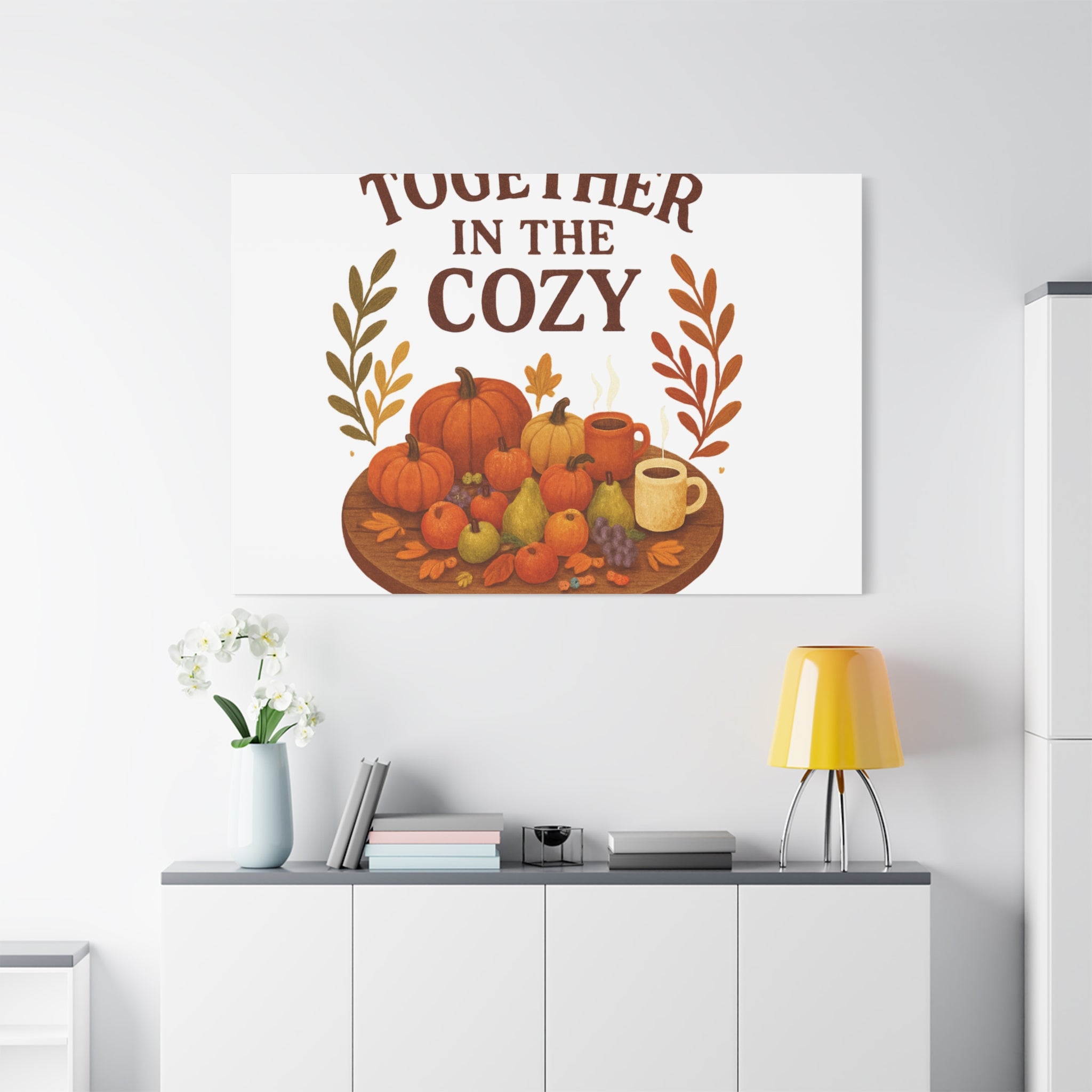 Fall Harvest Cozy Canvas Wall Art – "In The Cozy" Pumpkin & Coffee Autumn Decor