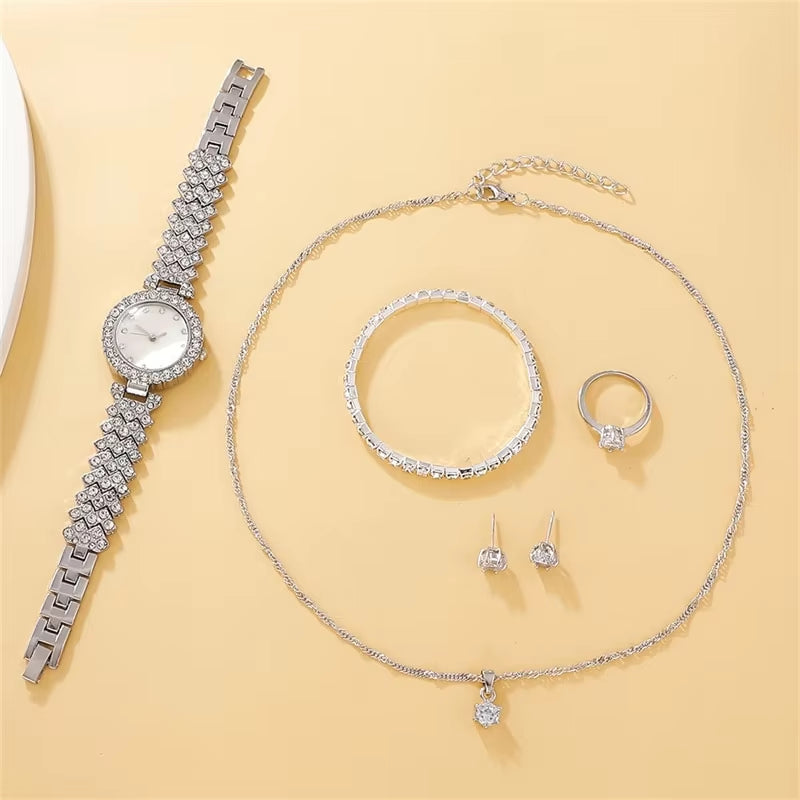 Glamorous 6-Piece Women's Rhinestone Jewelry Set with Luxury Watch, Ring, Necklace, and Earrings - Perfect for Any Occasion