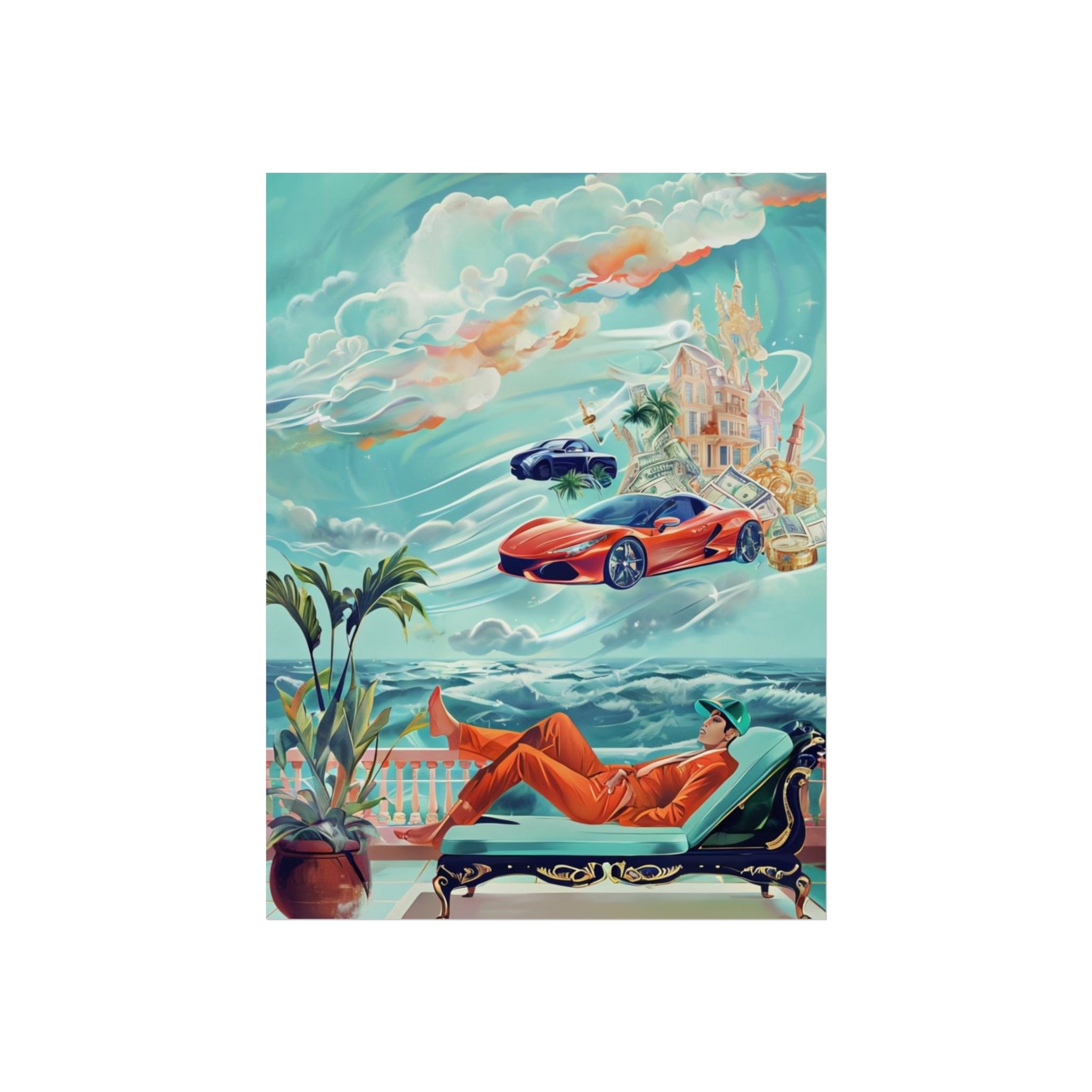 Surreal Coastline Art Poster — Dreamy Sports Car & Lounging Figure Print