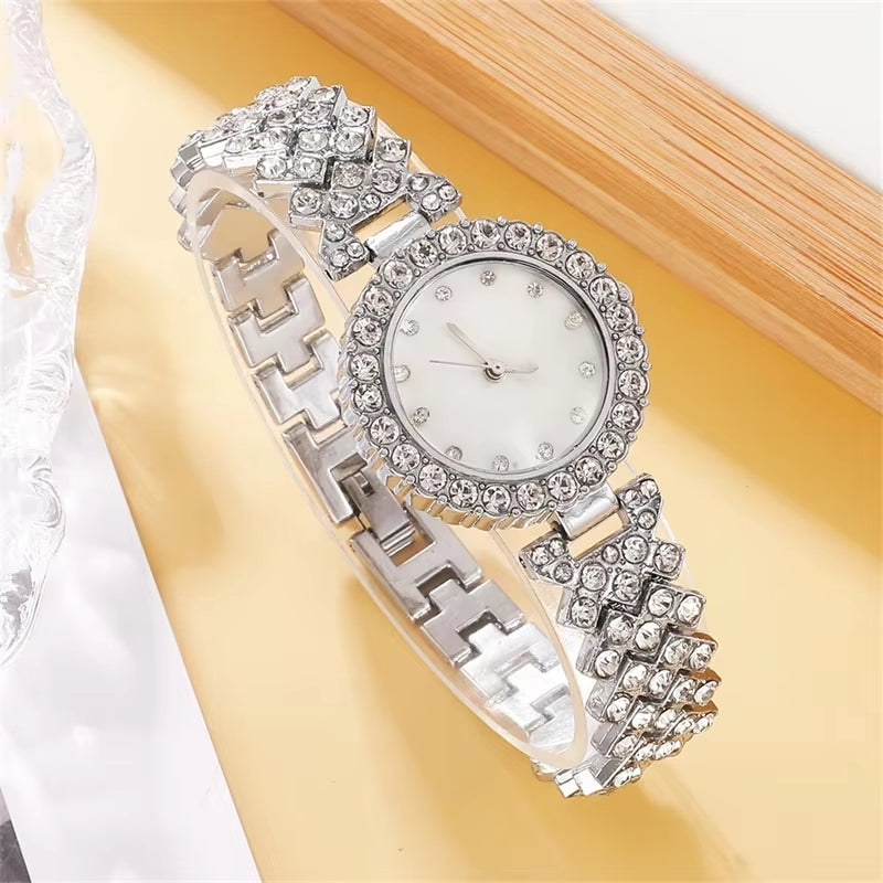 Glamorous 6-Piece Women's Rhinestone Jewelry Set with Luxury Watch, Ring, Necklace, and Earrings - Perfect for Any Occasion