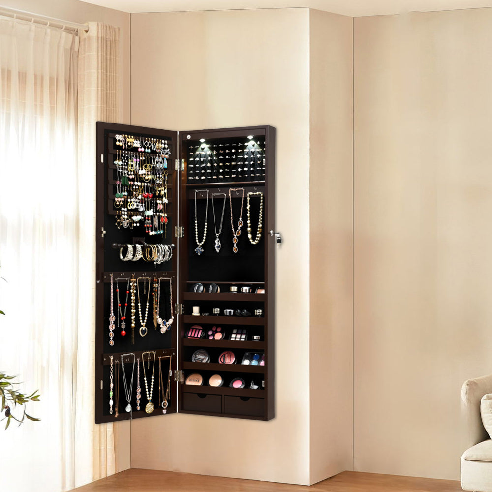 Elegant Lockable Wall Mount Jewelry Cabinet with LED Lights and Full-Length Mirror