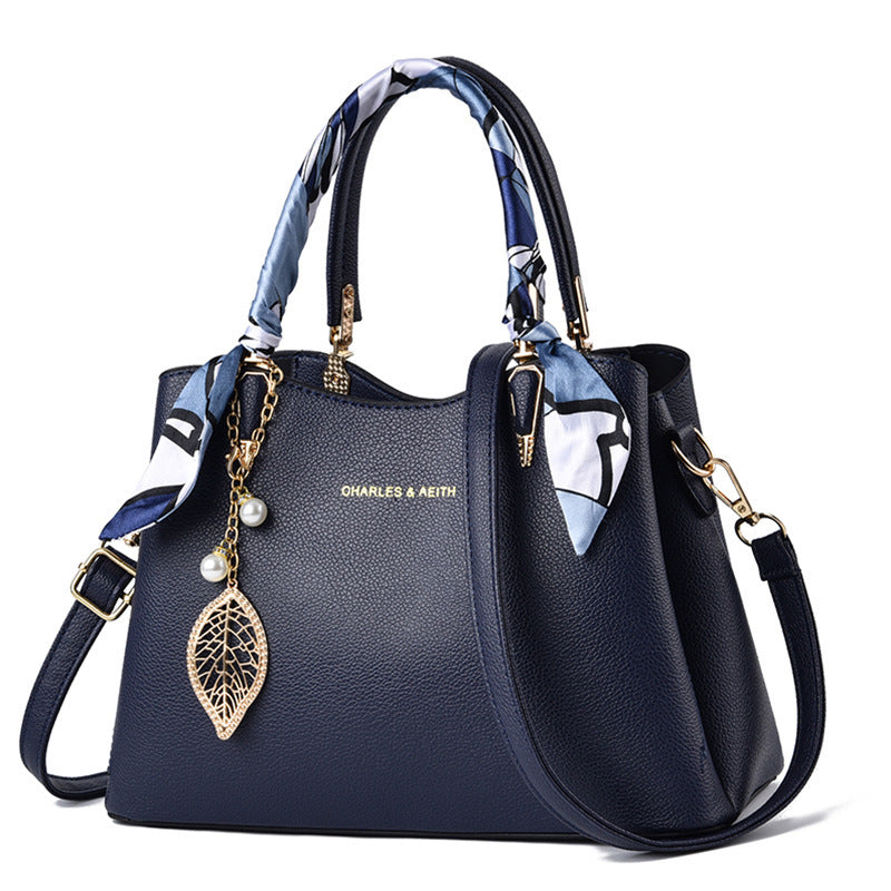 Chic Women's Shoulder Bag with Elegant Leaf Pendant & Stylish Silk Scarf