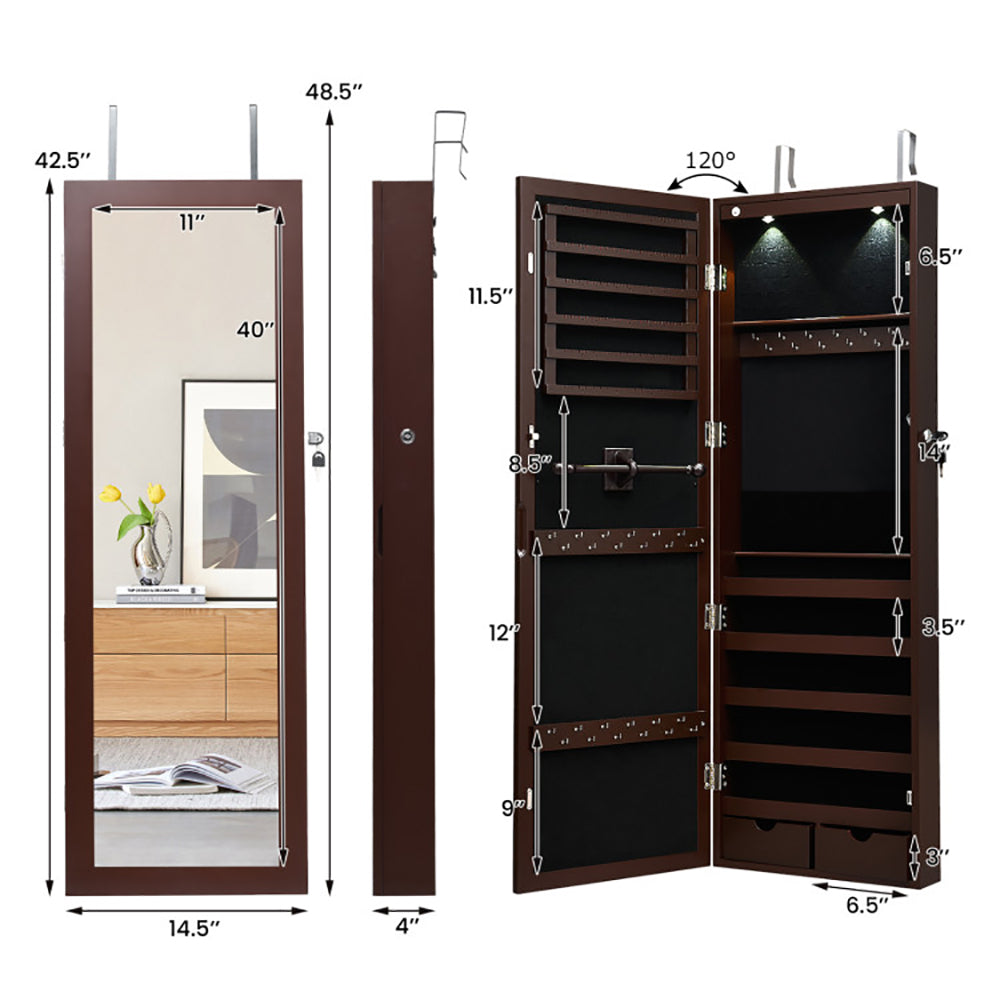 Elegant Lockable Wall Mount Jewelry Cabinet with LED Lights and Full-Length Mirror