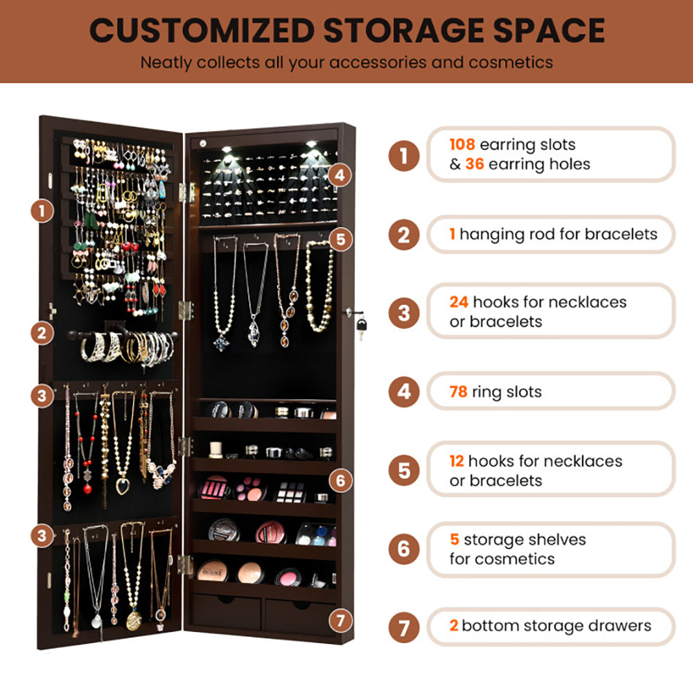 Elegant Lockable Wall Mount Jewelry Cabinet with LED Lights and Full-Length Mirror
