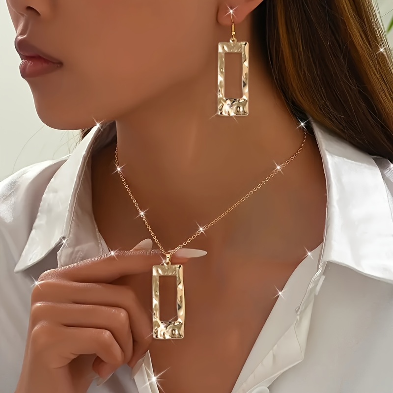 Elevate Your Style with the Lxalry Gold-Toned Hammered Geometric Jewelry Set - Eco-Friendly Recycled Alloy Necklace & Earrings for Every Occasion