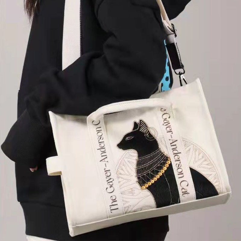 Chic Cat Embroidered Canvas Shoulder Bag - Perfect Messenger Crossbody for Students & Everyday Use