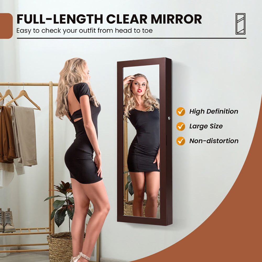 Elegant Lockable Wall Mount Jewelry Cabinet with LED Lights and Full-Length Mirror