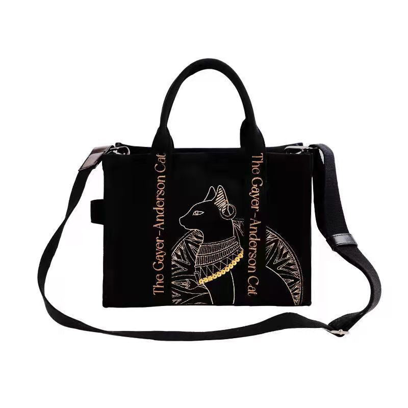 Chic Cat Embroidered Canvas Shoulder Bag - Perfect Messenger Crossbody for Students & Everyday Use