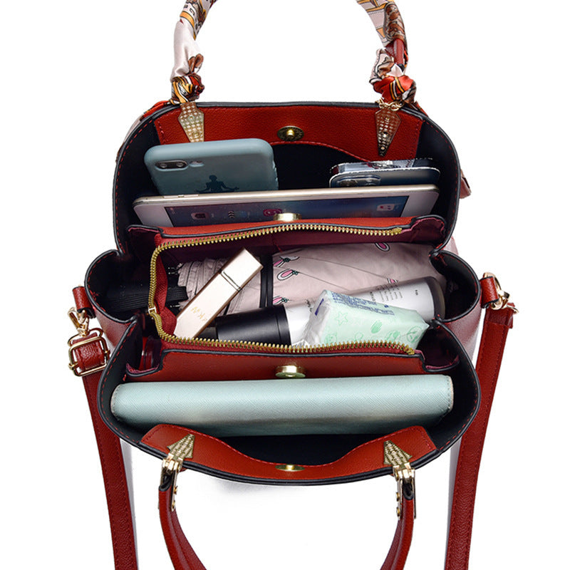 Chic Women's Shoulder Bag with Elegant Leaf Pendant & Stylish Silk Scarf